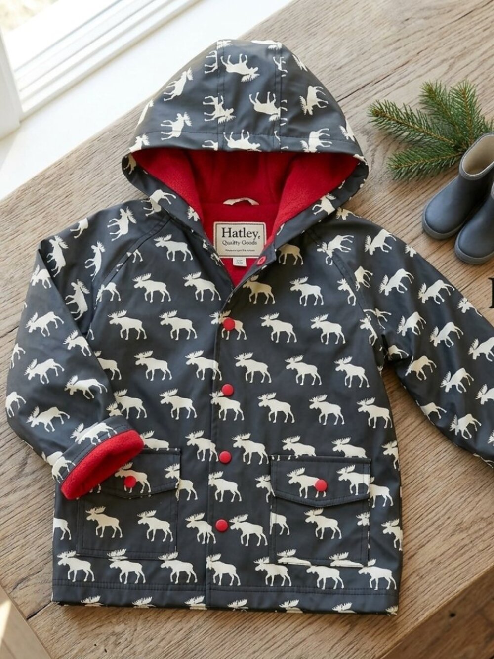 Hatley Kids Hooded Lined Rain Coat Splash Jacket Waterproof Moose Print Size 6